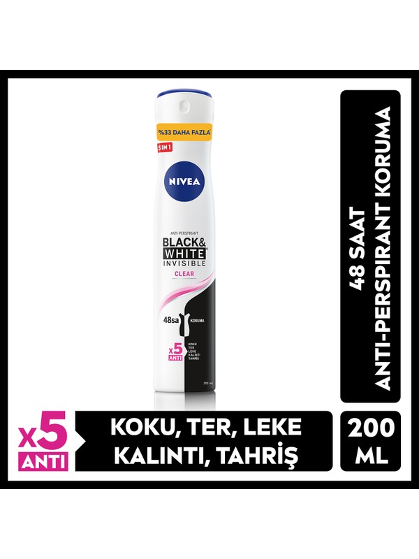 s-521-600-800-110000577516952-jpg.jpg Nivea Kadın Sprey Deodorant Black & White Invisible Clear 48 Saat Anti-Perspirant Koruma 200 ml Ekonomik Boy - Görsel 1