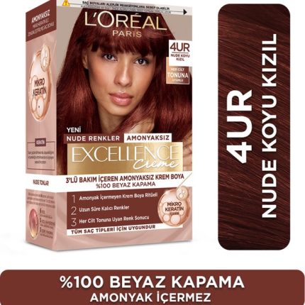 Excellence Creme Nude Renkler Saç Boyası – 4UR Nude Koyu Kızıl Amonyaksız Uzun Süreli Kalıcılık